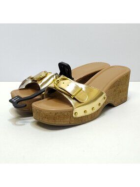 Time and Tru Gold Buckle Cork Wedge Platform Memory Foam Sandals Size 11 NWT
